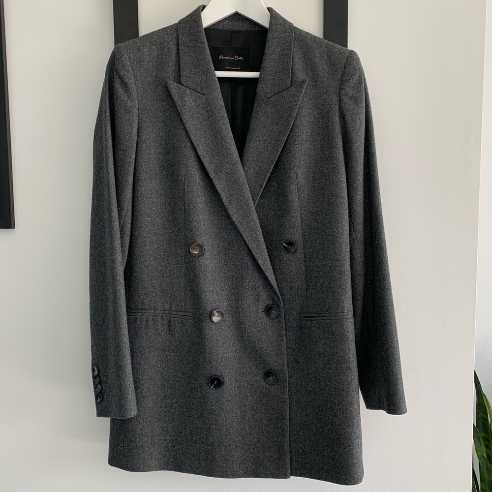 🌟 Massimo Duty Grey Double-Breasted Wool-Blend Blazer Size 4